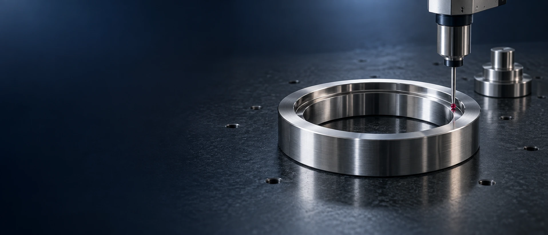 Concept rendering of a measuring probe inspecting a machined valve seat ring