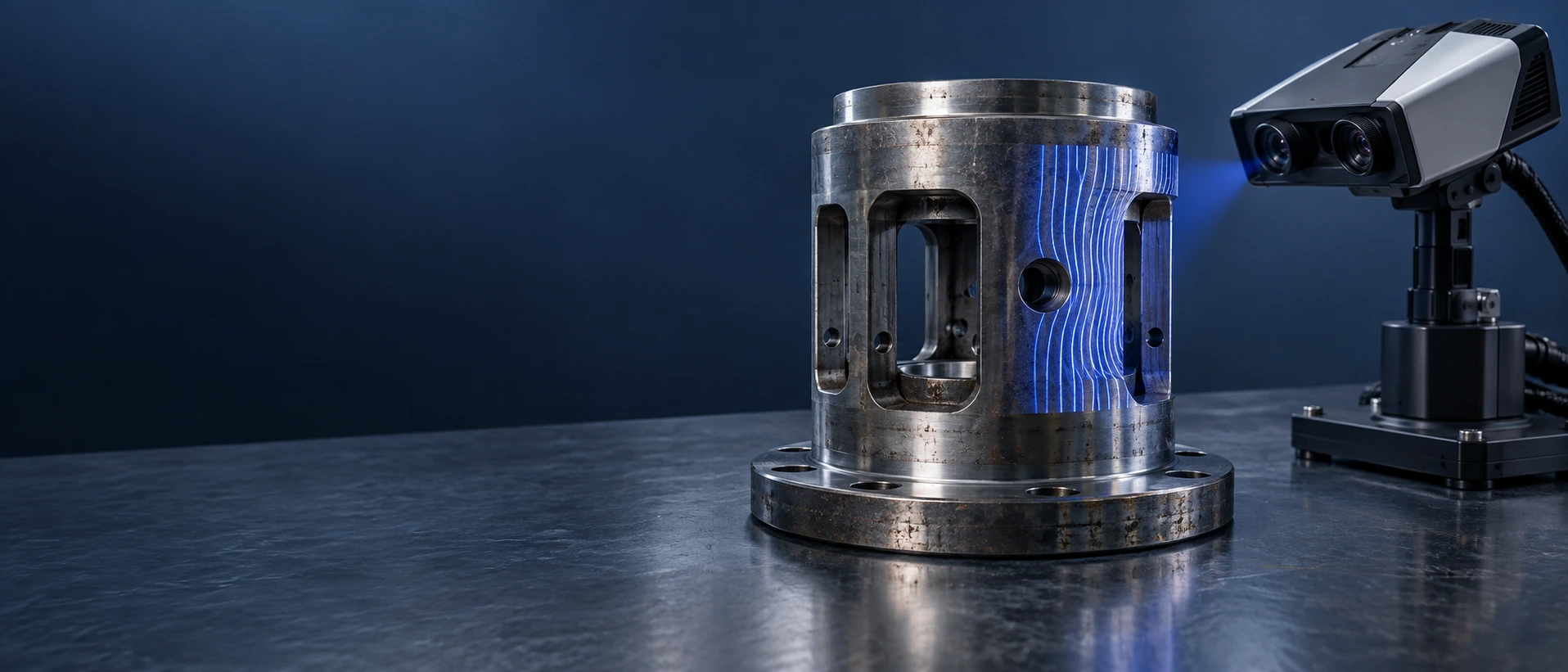 Concept rendering of an optical scanner measuring a worn metal valve trim cage