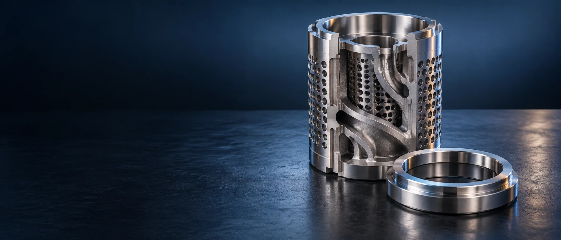 Concept rendering of a metal valve trim cage with internal flow channels exposed