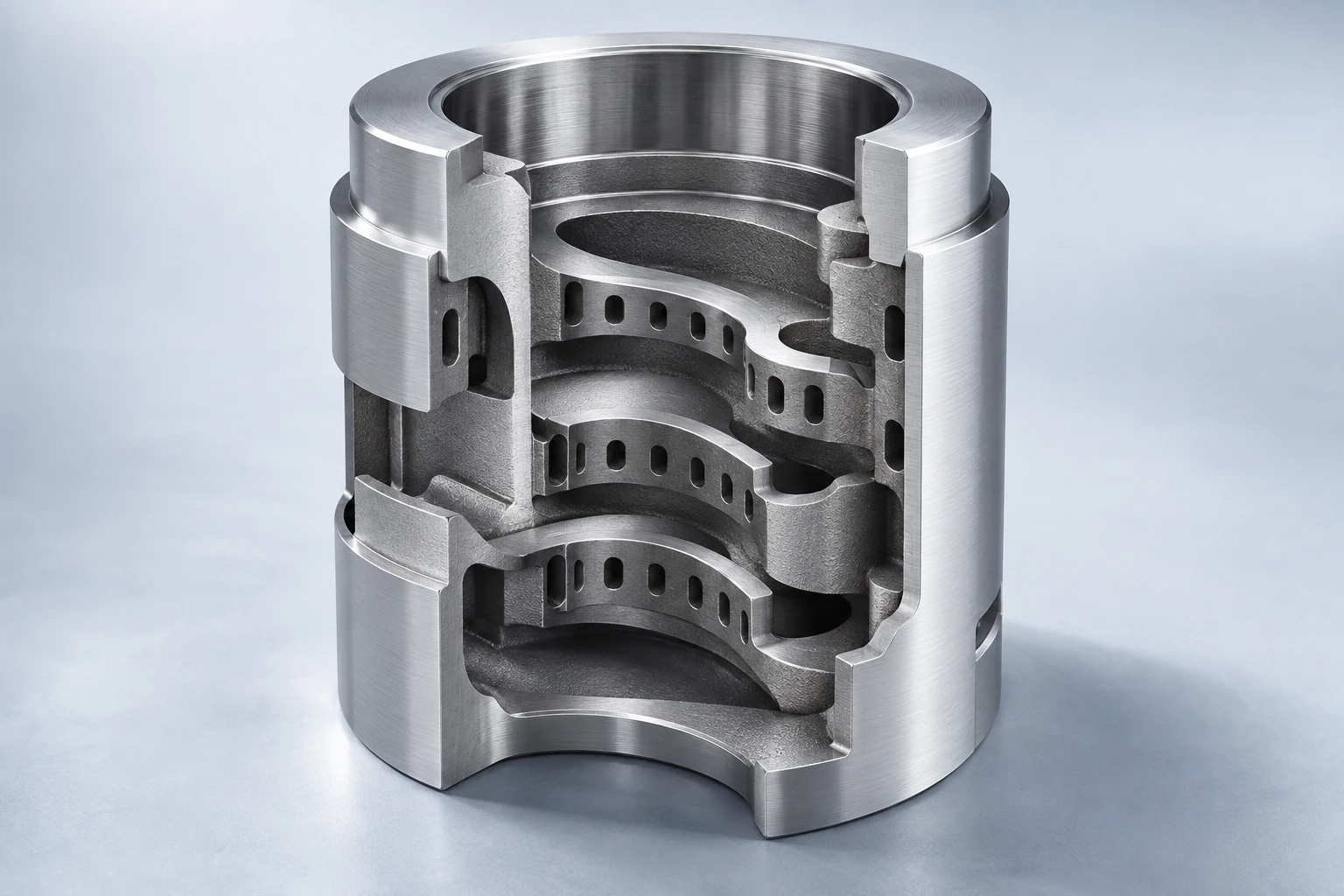 Concept illustration: Cutaway valve trim showing curved internal flow passages