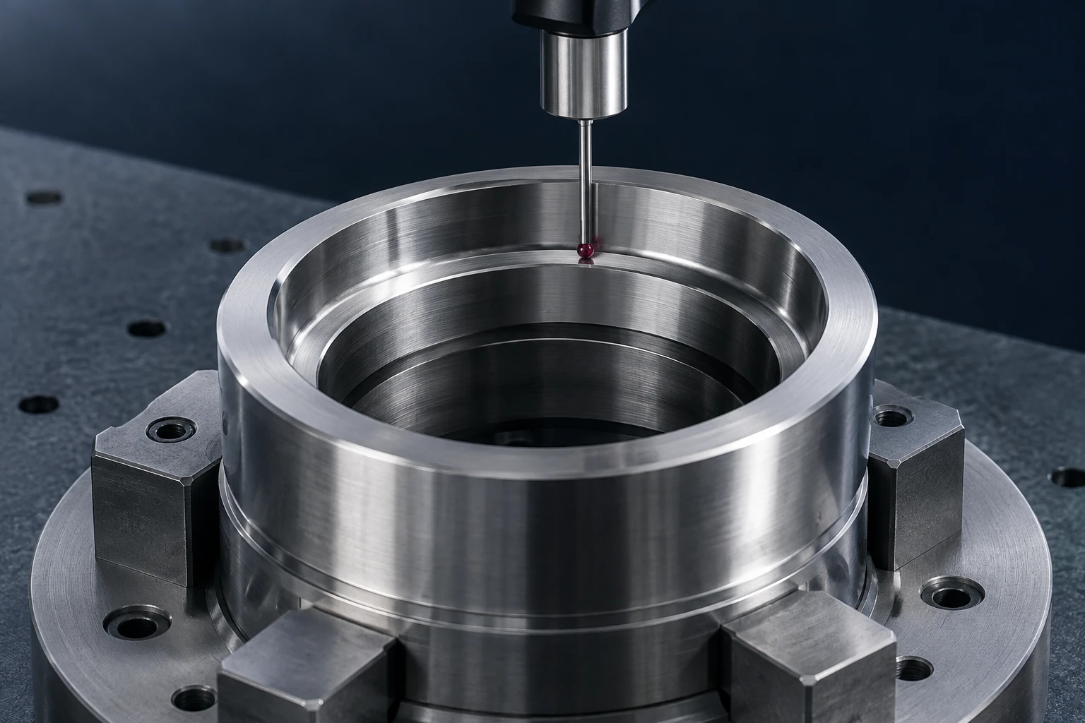 Concept illustration: Ruby measuring probe touching a machined valve seat